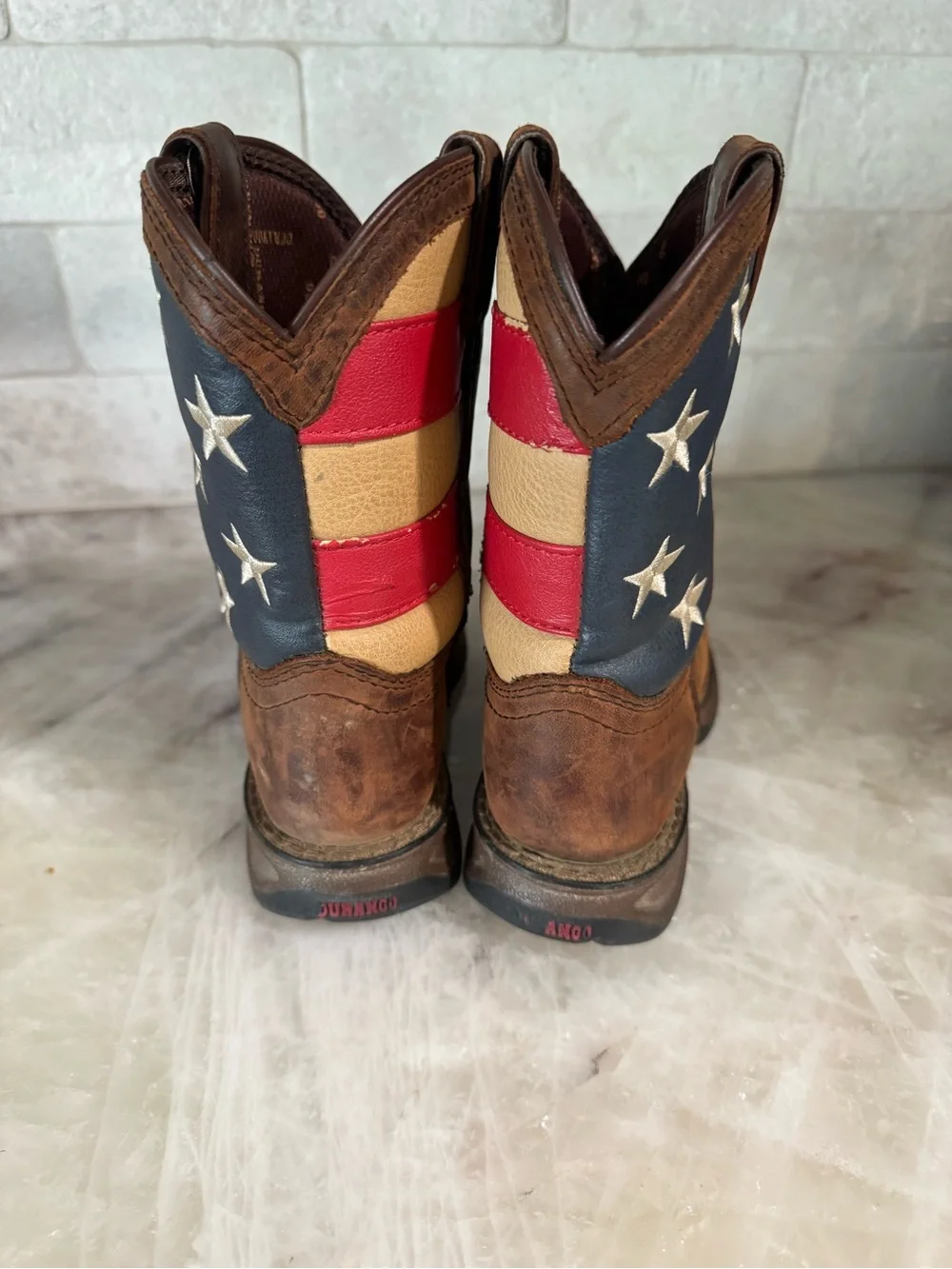 Durango Kids Brown Cowboy Boots with Red, White, and Blue Flag Shaft